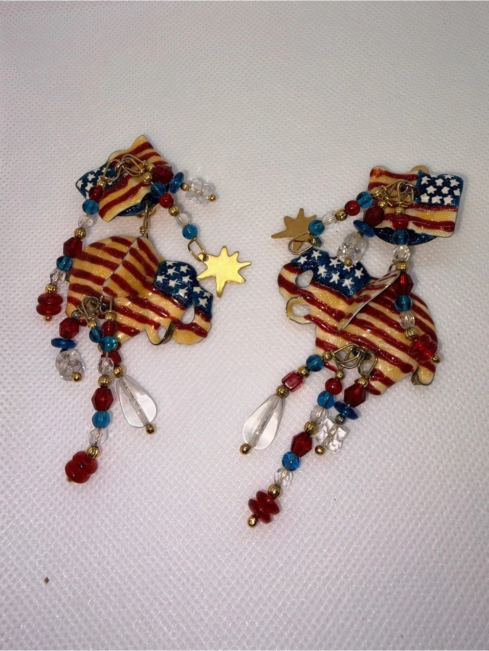Lunch at The Ritz Elephant Republican Patriotic Beaded Clip-On Earrings in Red &